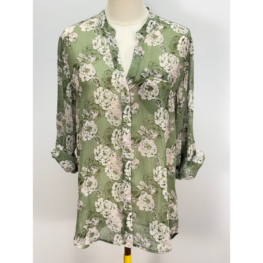 Kut from the Kloth Green Floral Button Down Blouse Roll Tab Sleeve Tunic M
